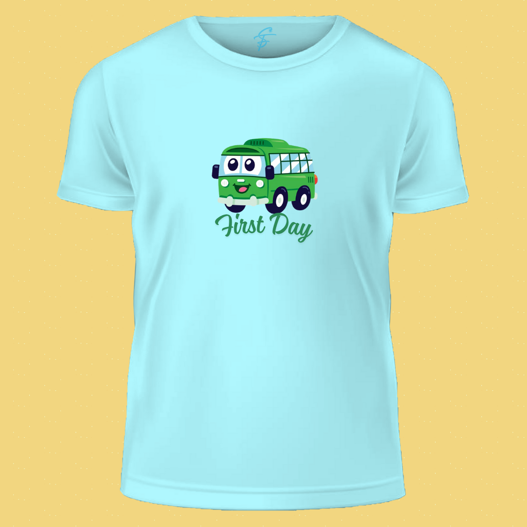 First Day of School T-Shirt for Kids – Cute Green School Bus Cartoon Tee – Back to School Outfit for Boys & Girls – Short Sleeve White Tee, T-Shirt,100% Cotton