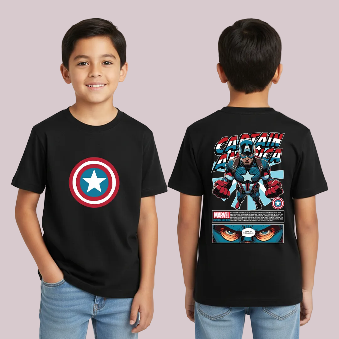 Captain America T-Shirt - Marvel Avengers Graphic Tee - Cotton Unisex T-Shirt with Shield Front & Comic Art Back - Superhero Apparel