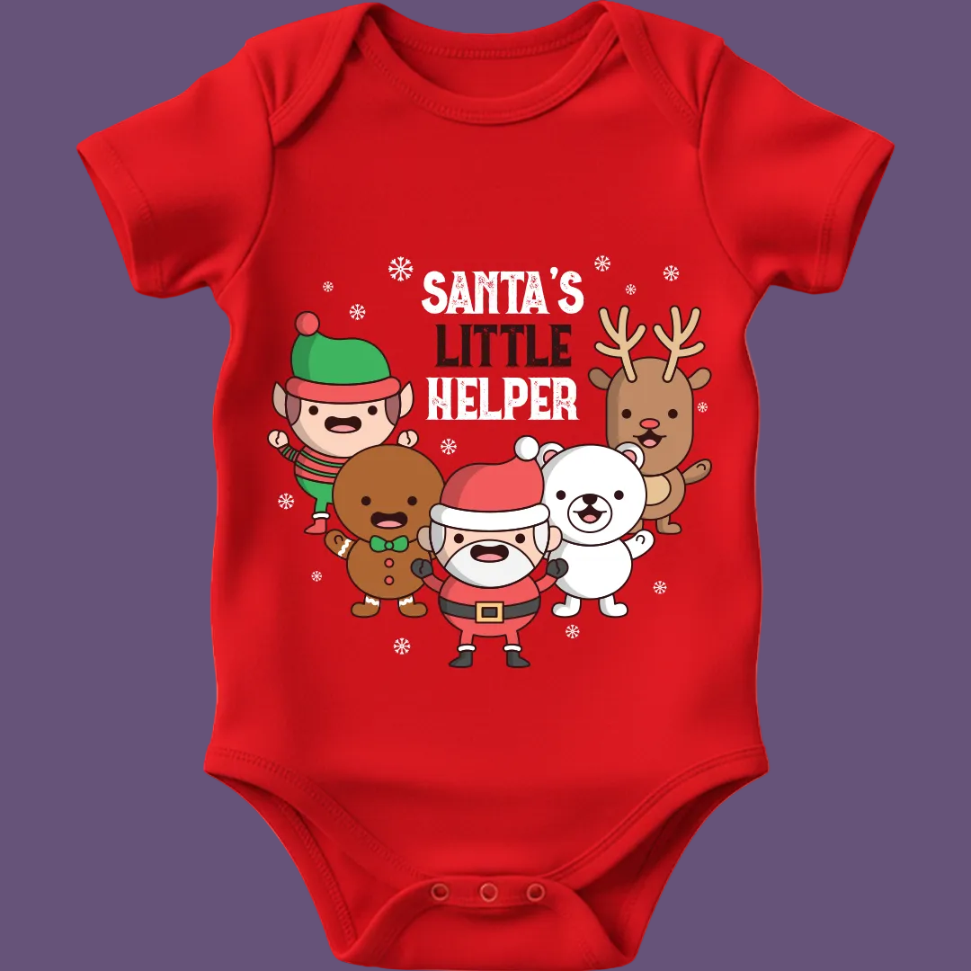 Santa's Little Helper Baby Romper/T-Shirt - Red Christmas Crew Design with Elf, Santa, Reindeer, Polar Bear - Infant Holiday Outfit