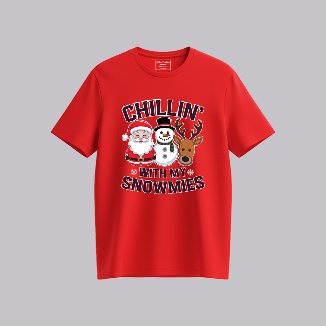Funny Kids "Chillin' with my Snowmies" Christmas T-Shirt | Santa, Snowman, Reindeer Graphic Tee