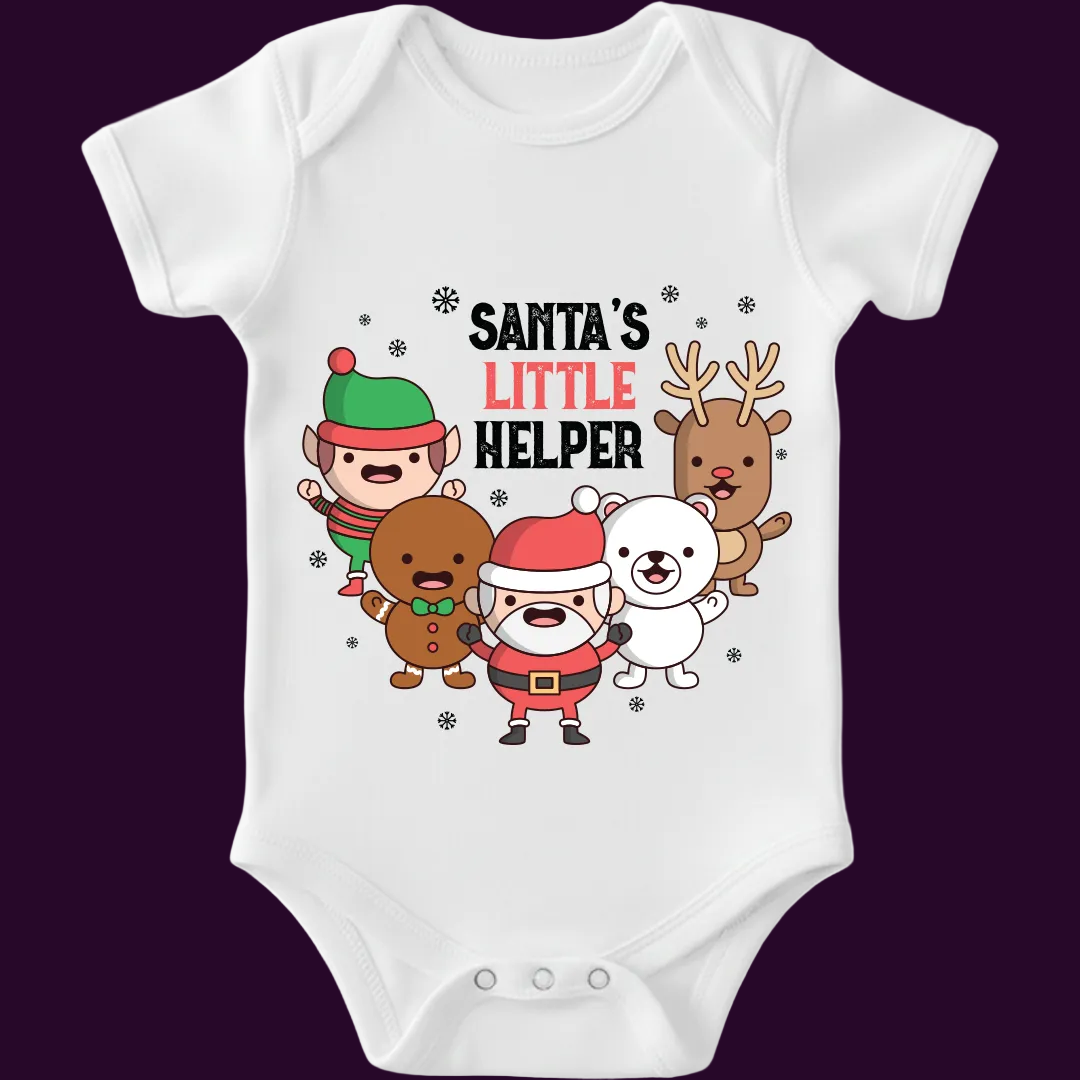 Santa's Little Helper Baby Romper/T-Shirt - Red Christmas Crew Design with Elf, Santa, Reindeer, Polar Bear - Infant Holiday Outfit