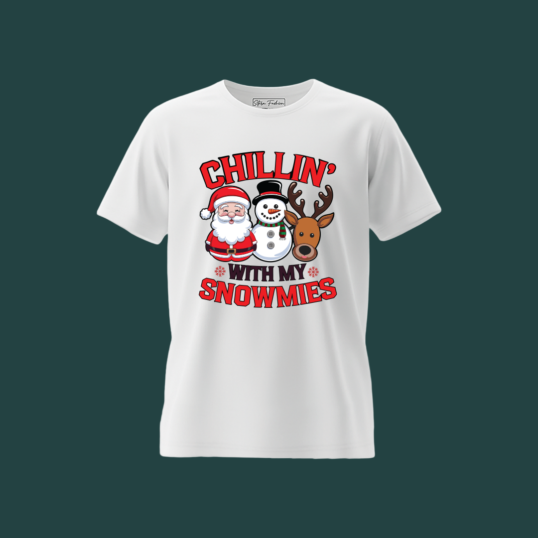 Funny Kids "Chillin' with my Snowmies" Christmas T-Shirt | Santa, Snowman, Reindeer Graphic Tee