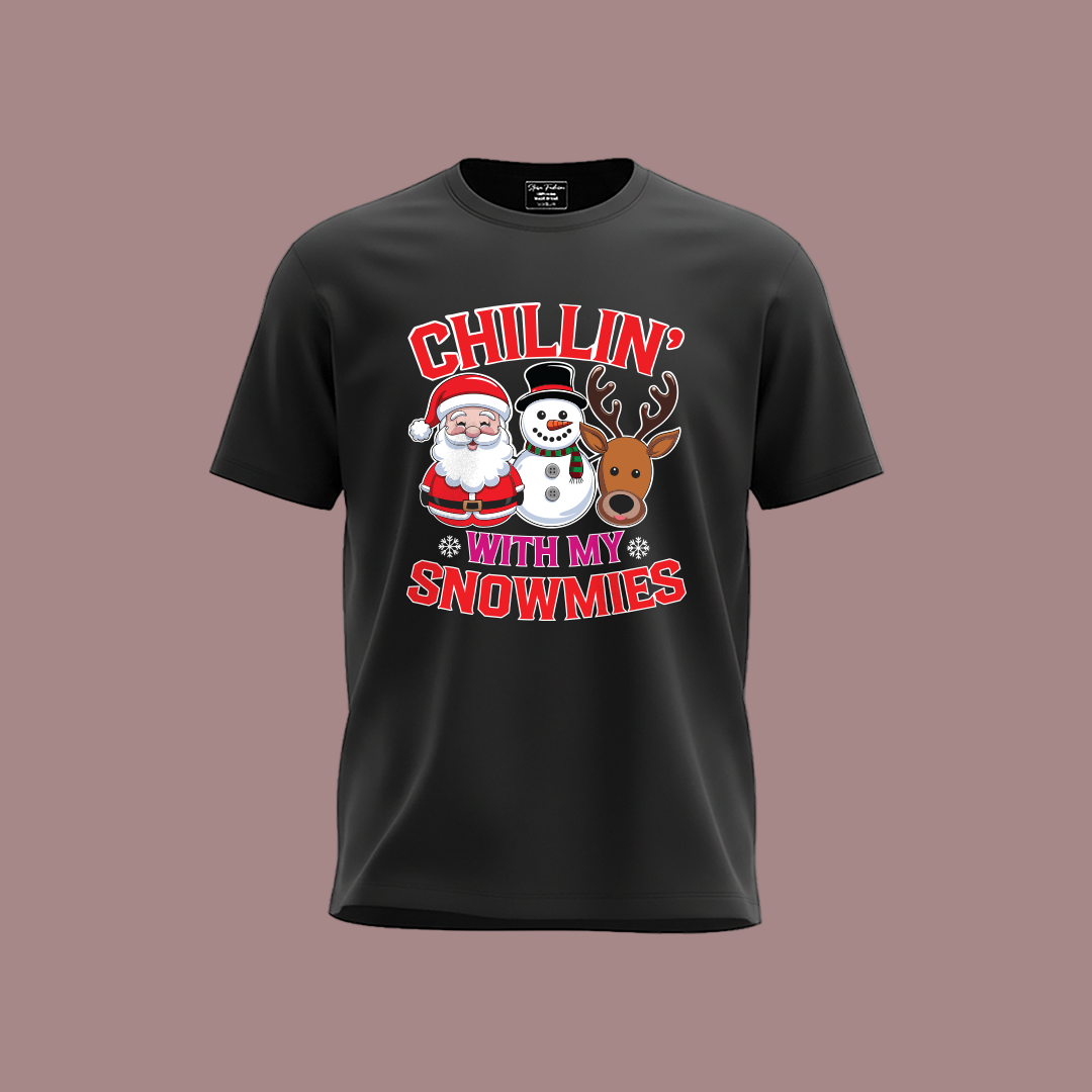 Funny Kids "Chillin' with my Snowmies" Christmas T-Shirt | Santa, Snowman, Reindeer Graphic Tee