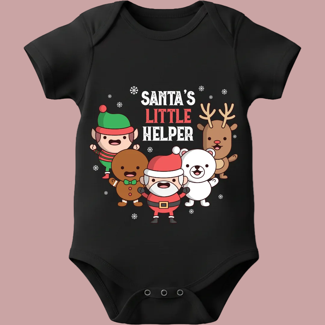 Santa's Little Helper Baby Romper/T-Shirt - Red Christmas Crew Design with Elf, Santa, Reindeer, Polar Bear - Infant Holiday Outfit