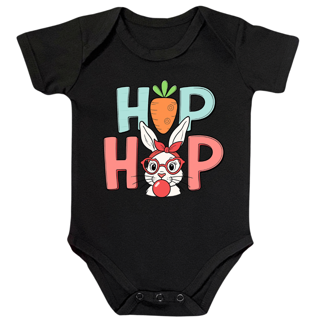Hip Hop Easter Bunny Baby Bodysuit, 100% Cotton Onesie with Carrot Design, Infant Short Sleeve