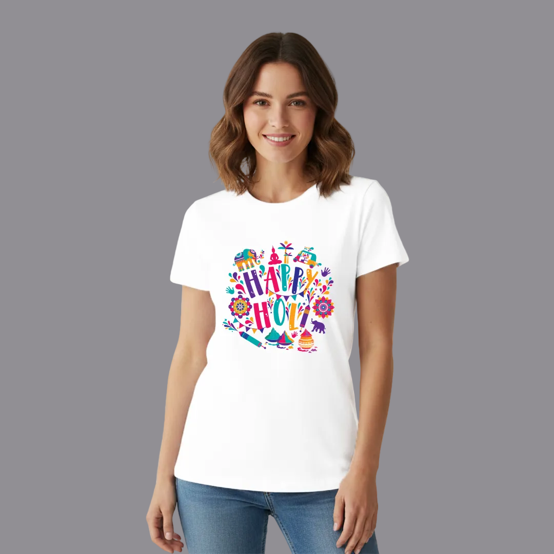 Holi Special White Graphic T-Shirt | Multicolored "Happy Holi" Print | Unisex Cotton Festive Wear - Sitara Fashions
