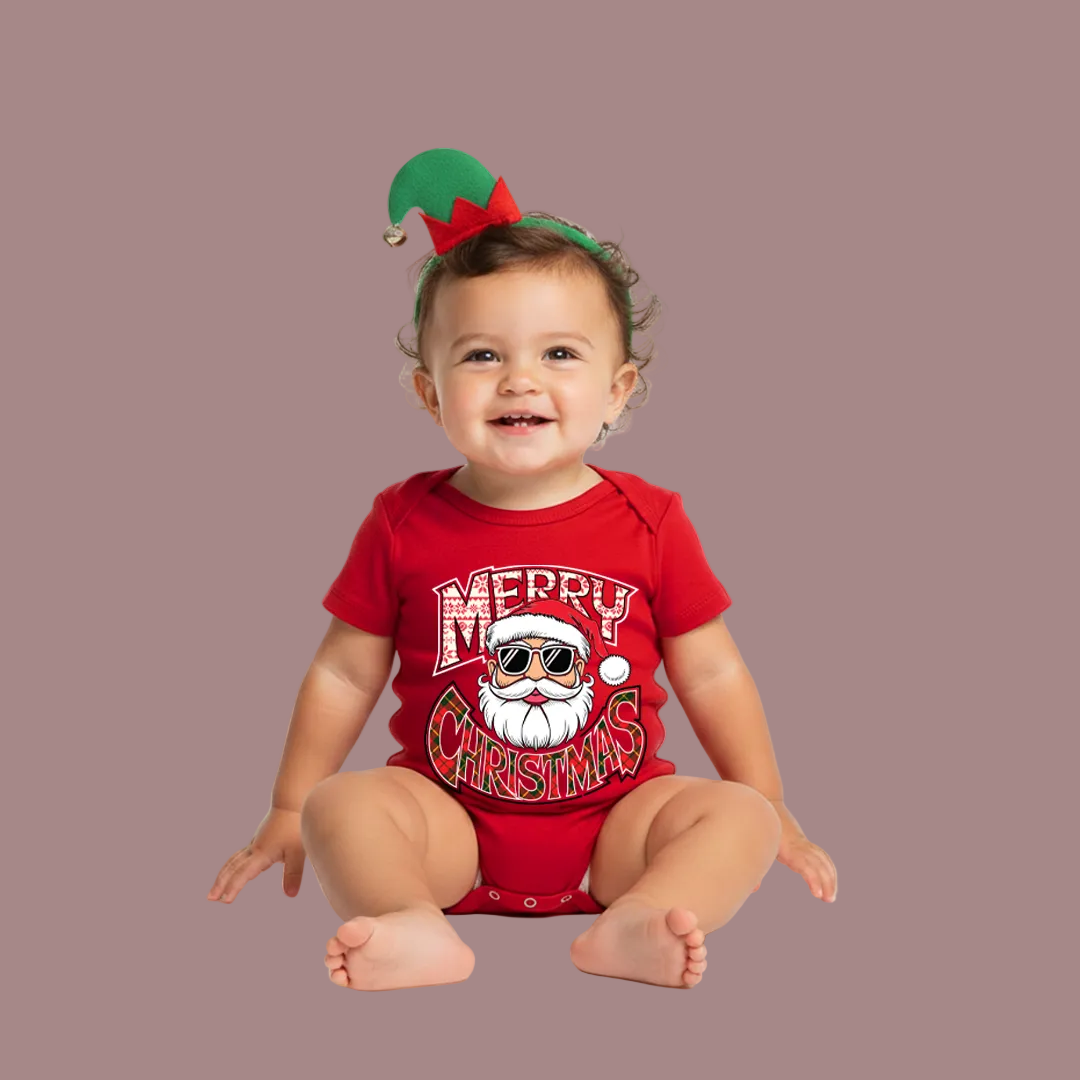 Red Matching Family Christmas T Shirts - "Merry Christmas" Cool Santa Sunglasses Design - Mom Dad Kids Baby