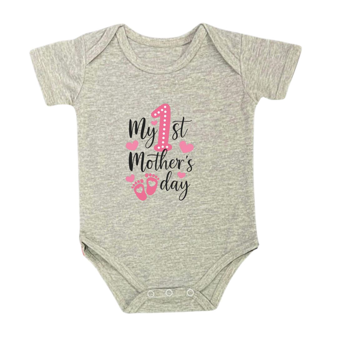 Baby First Mother's Day Onesie, 100% Cotton Romper with Pink Hearts Design
