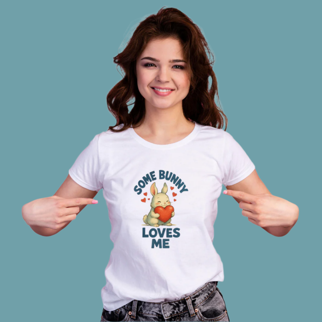 Some Bunny Loves Me Graphic T-Shirt, 100% Cotton, Cute Bunny Heart Design, Women's Casual Short Sleeve Top