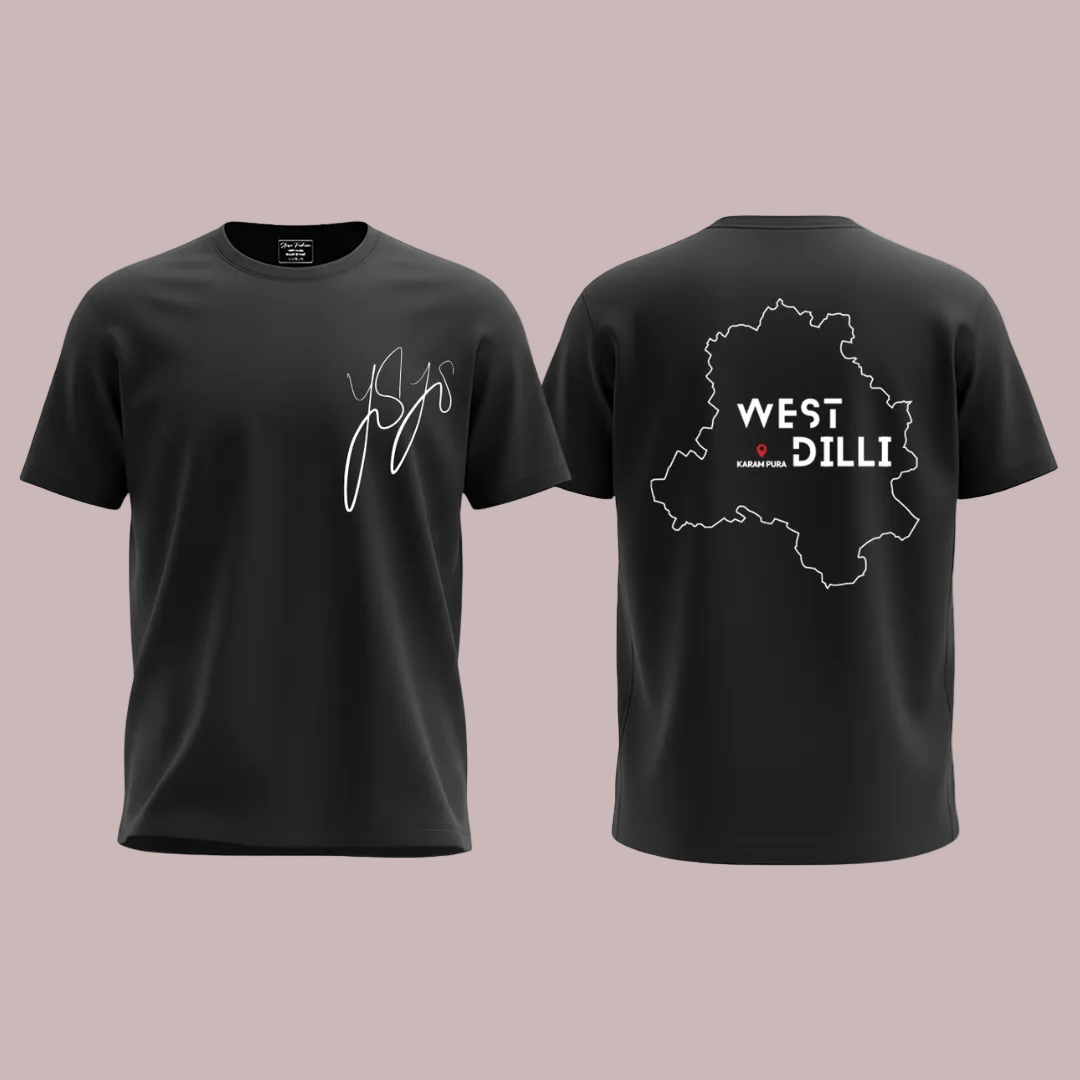 West Dilli Karam Pura Graphic Print T-Shirt for Men | Black & White Cotton Round Neck Streetwear Tee