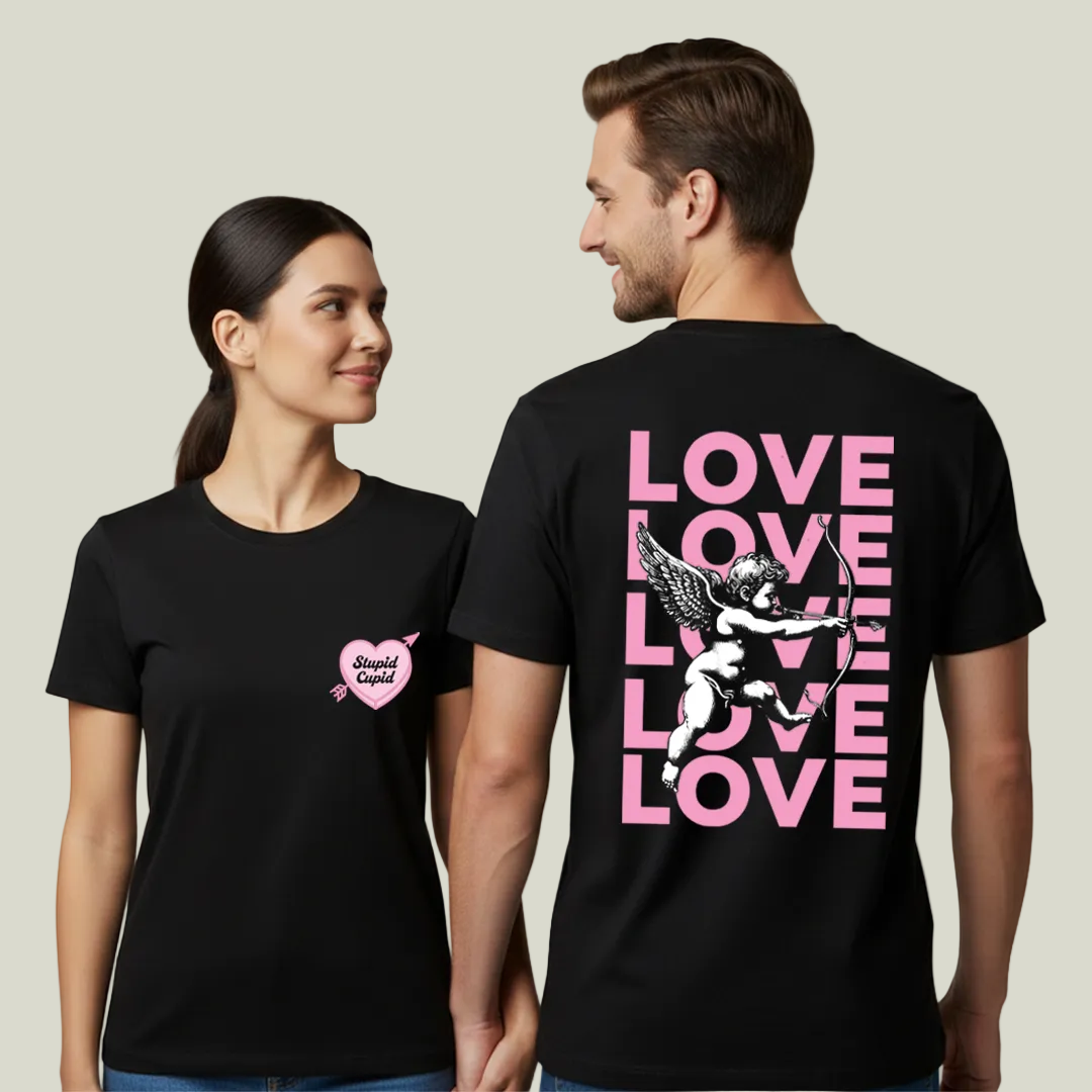 Stupid Cupid" Valentine's Day Couple T-Shirt - Black Graphic Tees with Cupid & Love Print - Matching Romantic Streetwear for Him and Her