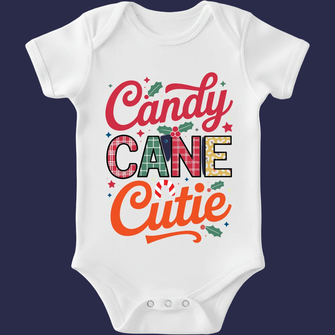 Xmas Holiday Outfits | Cool Santa Typography Tees for Infant "Candy Cane Cutie" Romper