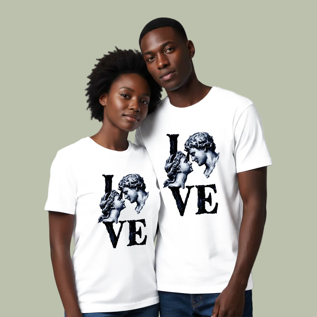 Vintage Cupid Statue Love T-Shirt - Matching Couple Valentine's Day Graphic Tees - Dark Academia Aesthetic White Cotton T-Shirt