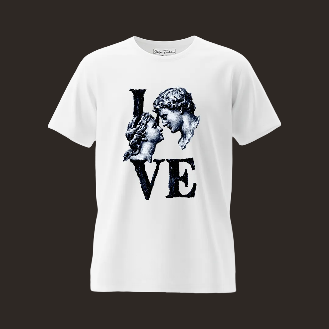 Vintage Cupid Statue Love T-Shirt - Matching Couple Valentine's Day Graphic Tees - Dark Academia Aesthetic White Cotton T-Shirt