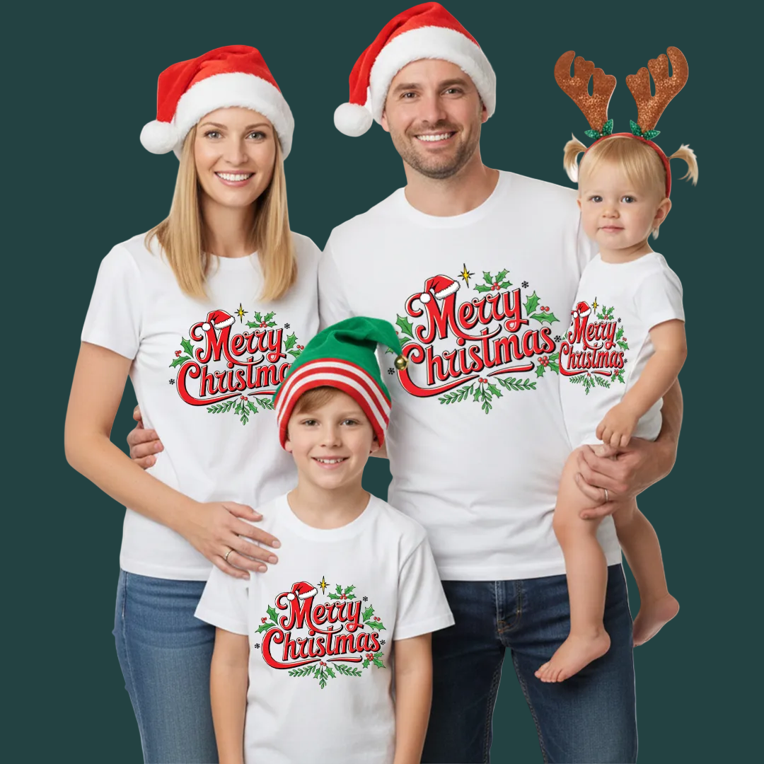 "Merry Christmas" Family Apparel Collection - Unisex Adult and Kids and Infant Tees