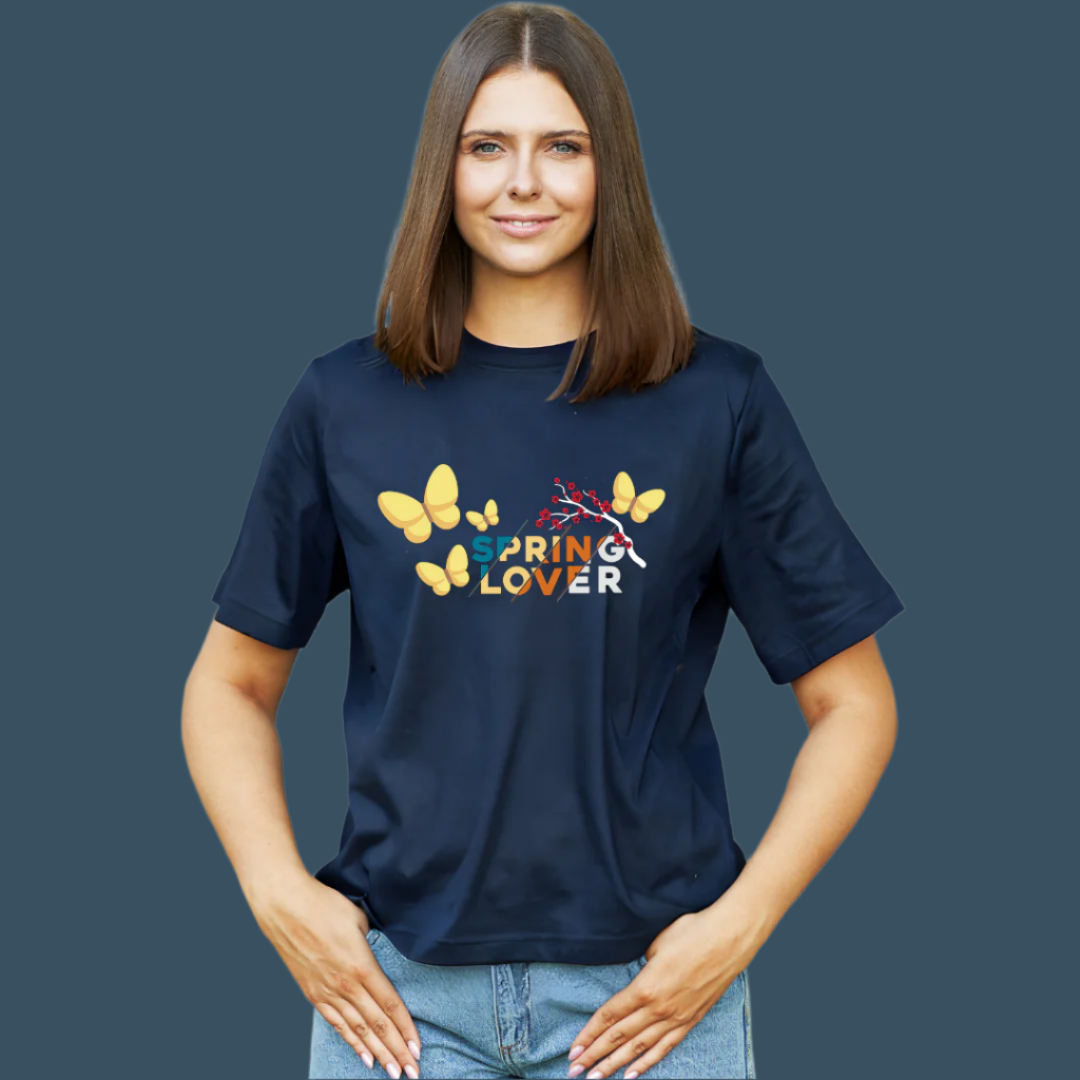 Spring Lover Graphic T-Shirt, Butterfly Design, Short Sleeve 100% Cotton, Women Tshirt