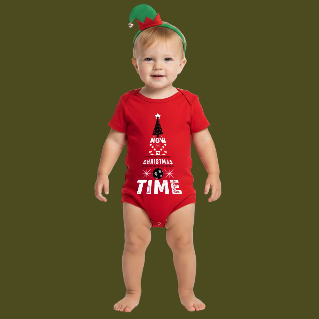 Christmas Tree Graphic Red T-Shirt- "NOW CHRISTMAS TIME" Holiday Shirt