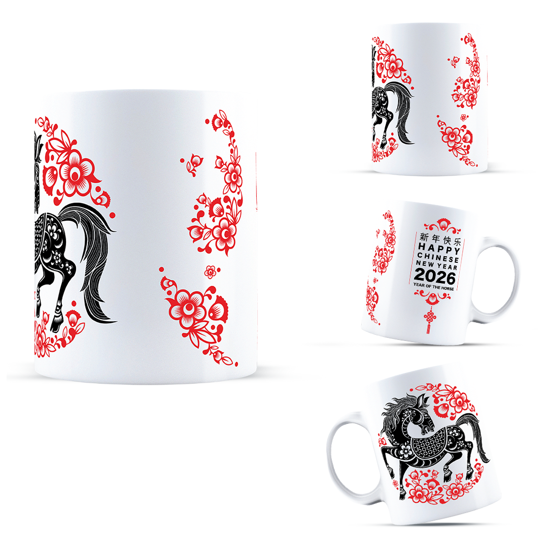 Happy Chinese New Year 2026 Coffee Mug - Year of the Horse Zodiac Gift - Lunar New Year Party Decor and Keepsake - Decorative Red Floral & Horse Art Ceramic Cup - Sitara Fashions