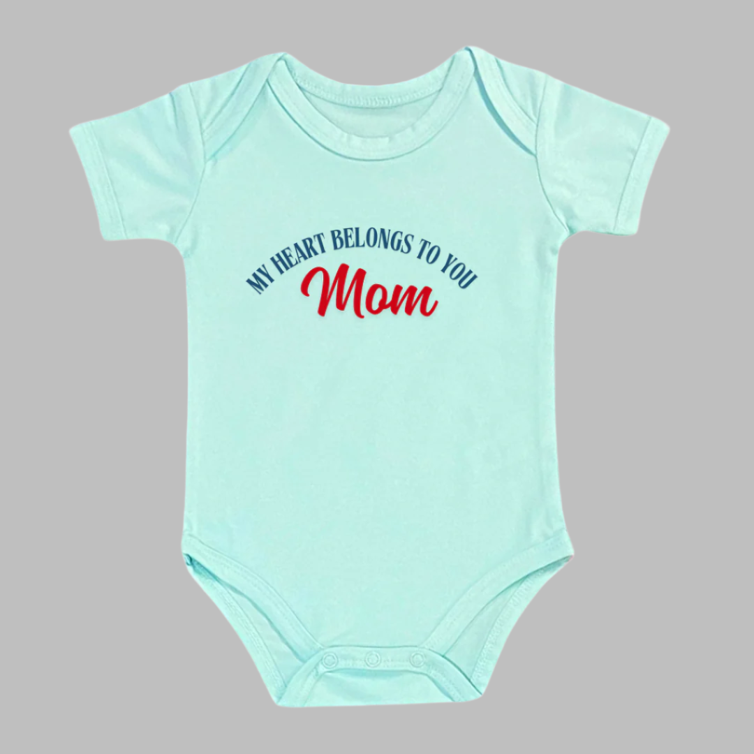 Baby Onesie with 'My Heart Belongs to You Mom' Text, 100% Cotton Romper, Mother's Day Gift