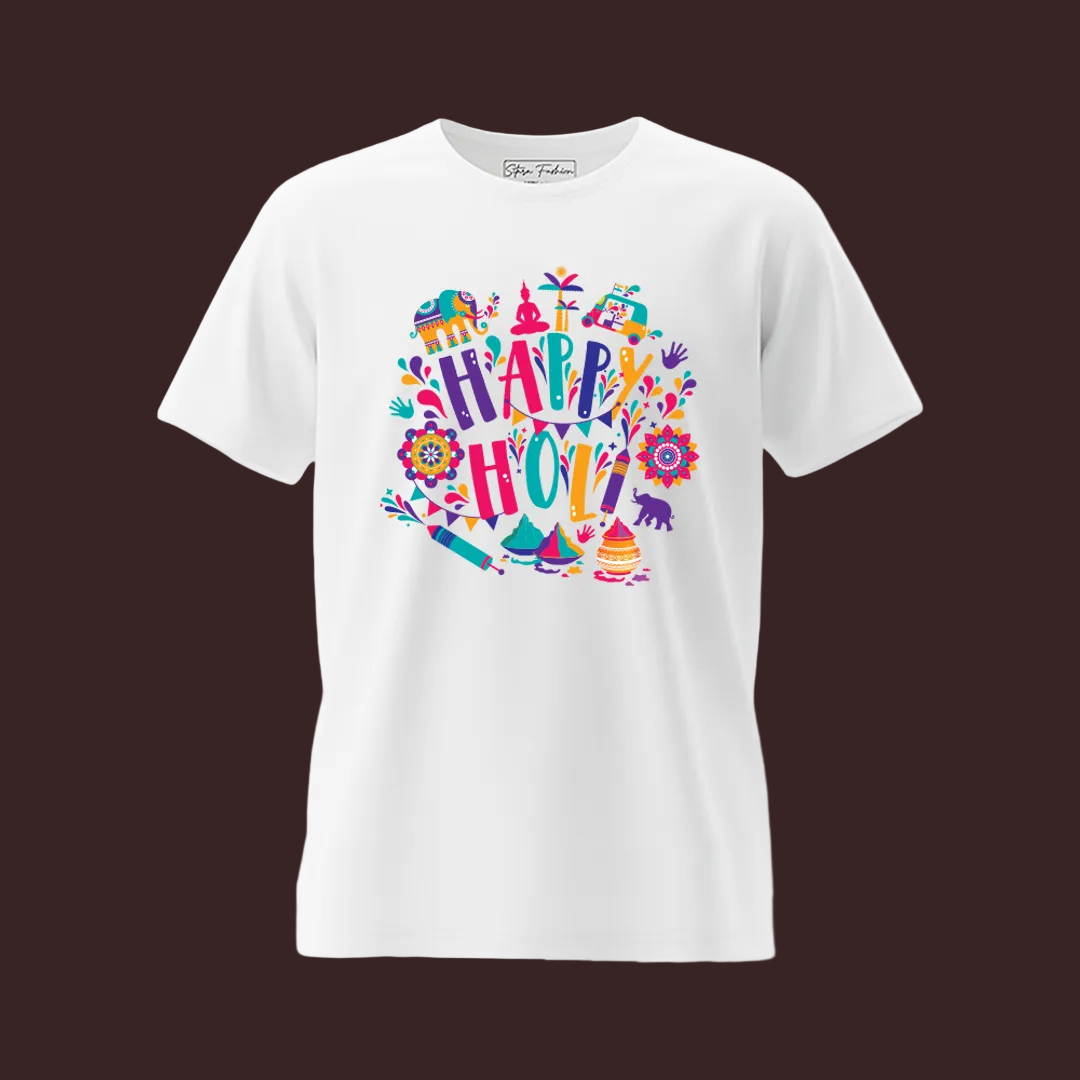 Holi Special White Graphic T-Shirt | Multicolored "Happy Holi" Print | Unisex Cotton Festive Wear - Sitara Fashions
