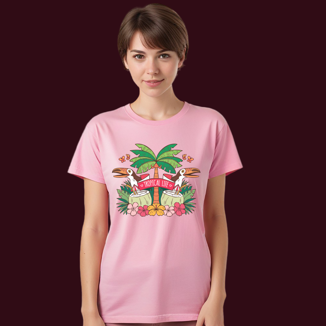 Kawaii Tropical Life T-Shirt  Cute Palm Tree & Toucan Graphic Tee  Summer Beach Vacation Gift for Men & Women
