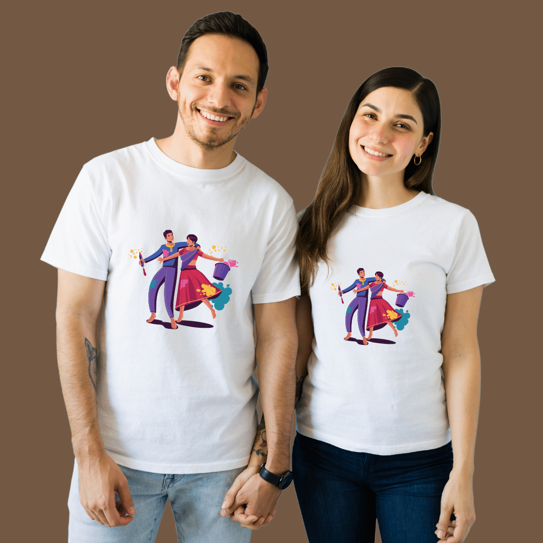 Joyful Color Festival Tee Round Neck Short Sleeve, Holi Festival Celebration Colourful Dance Graphic T-Shirt, 100% Cotton, Unisex