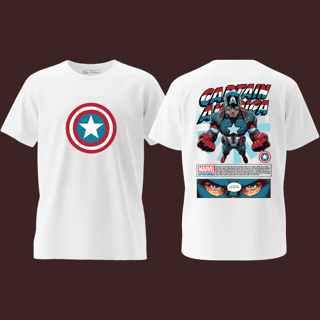 Captain America T-Shirt - Marvel Avengers Graphic Tee - Cotton Unisex T-Shirt with Shield Front & Comic Art Back - Superhero Apparel