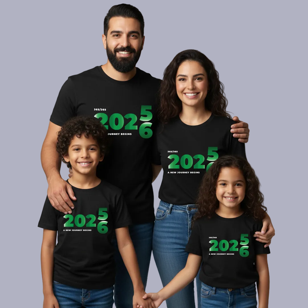 Matching Family New Year 2025 to 2026 Transition T-Shirts – 'A New Journey Begins'  Graphic Tees for Parents Kids & Rompers – Green Gradient Countdown Family Outfits