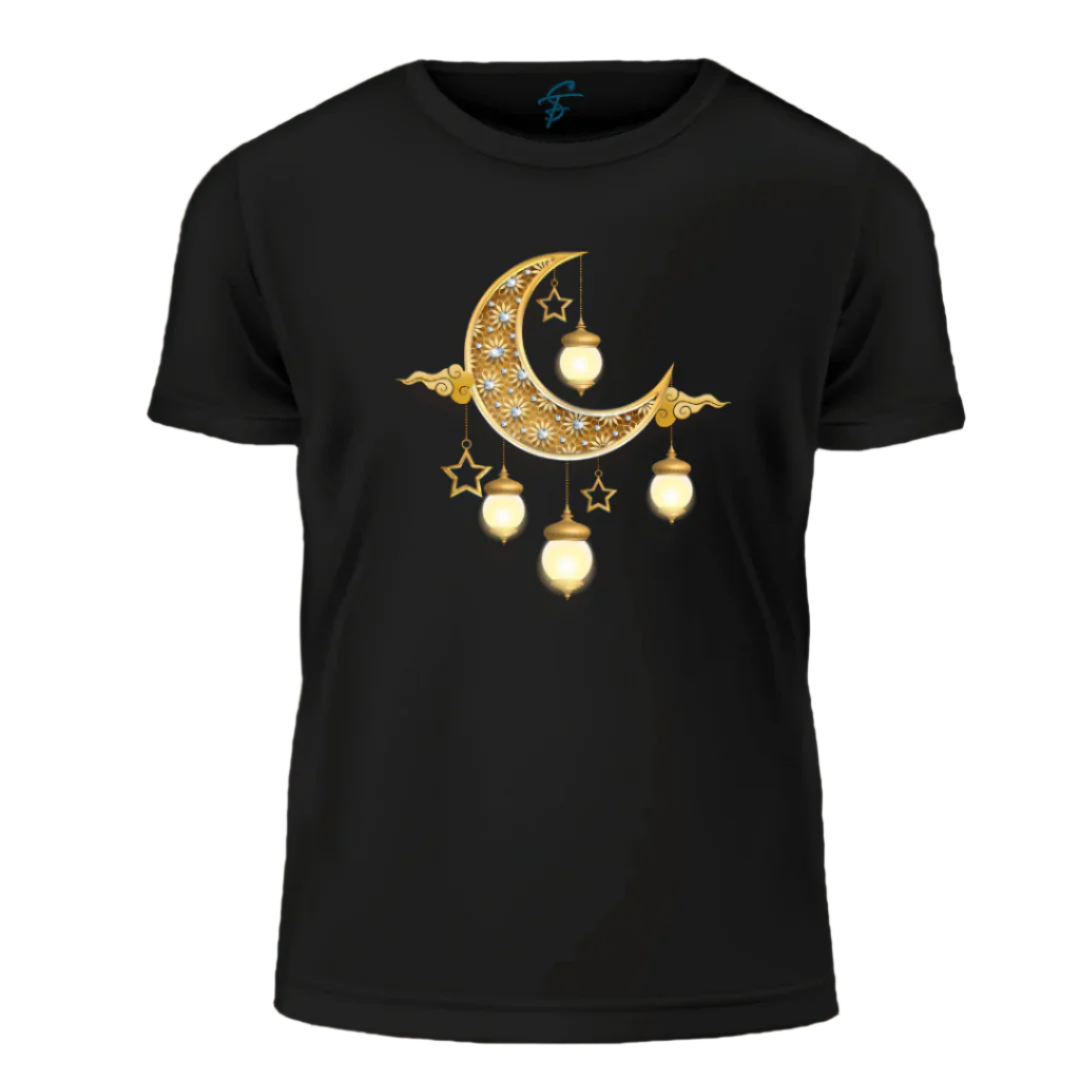 Ramadan Crescent Moon T-Shirt with Golden Lanterns Design