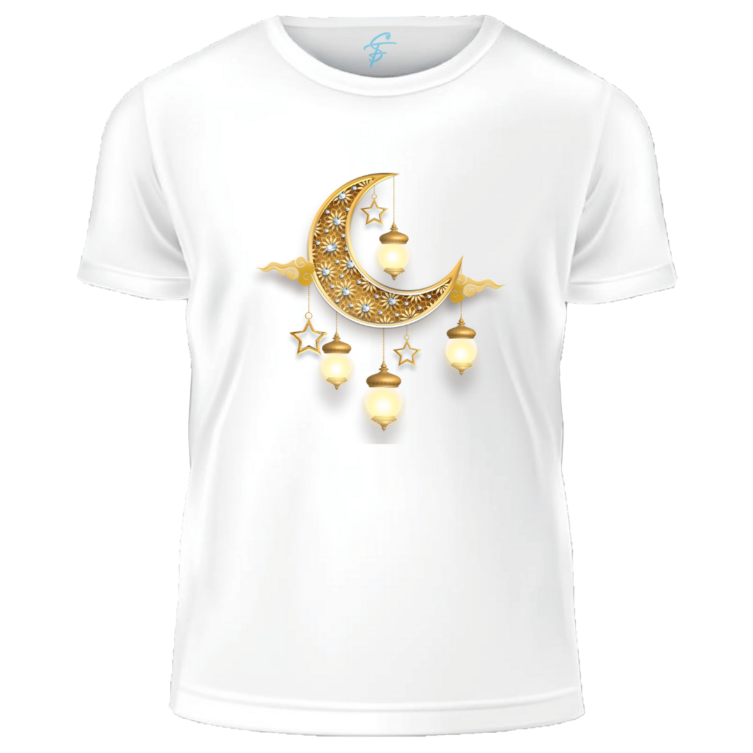 Ramadan Crescent Moon T-Shirt with Golden Lanterns Design