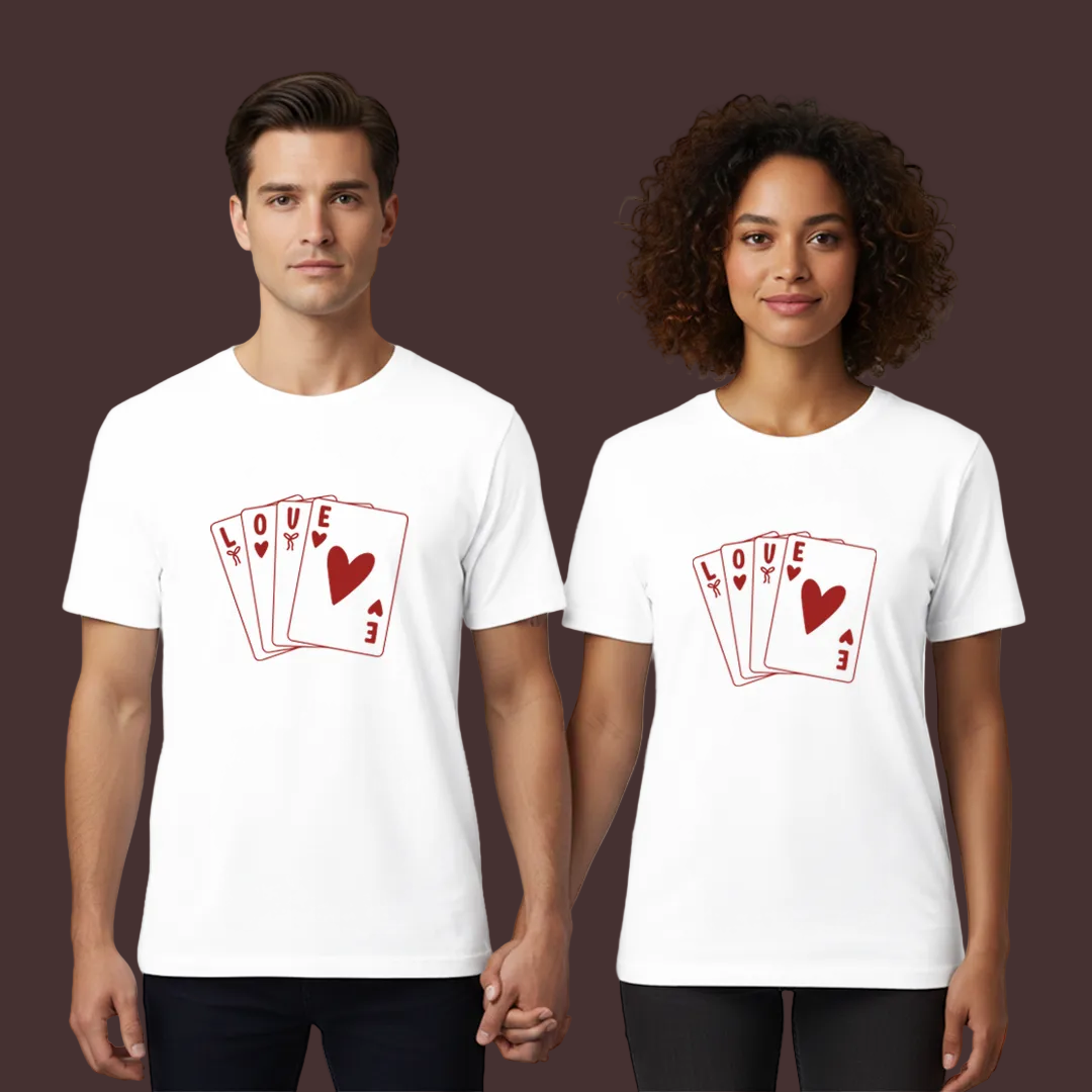 Valentine's Day Matching T-Shirts for Couples - Love Playing Card Graphic - White Short Sleeve Cotton Tees - Men's and Women's Tees