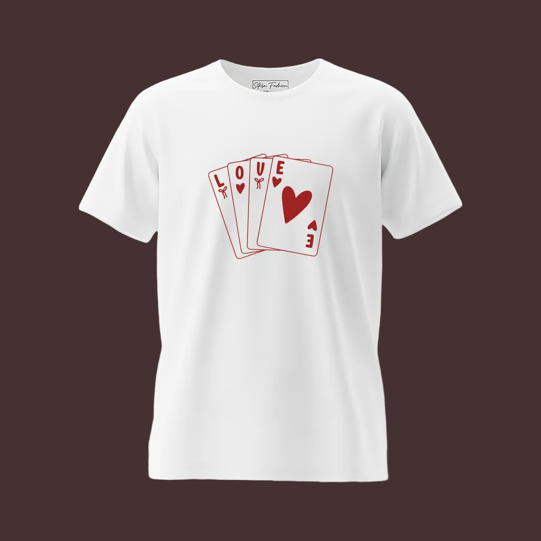 Valentine's Day Matching T-Shirts for Couples - Love Playing Card Graphic - White Short Sleeve Cotton Tees - Men's and Women's Tees