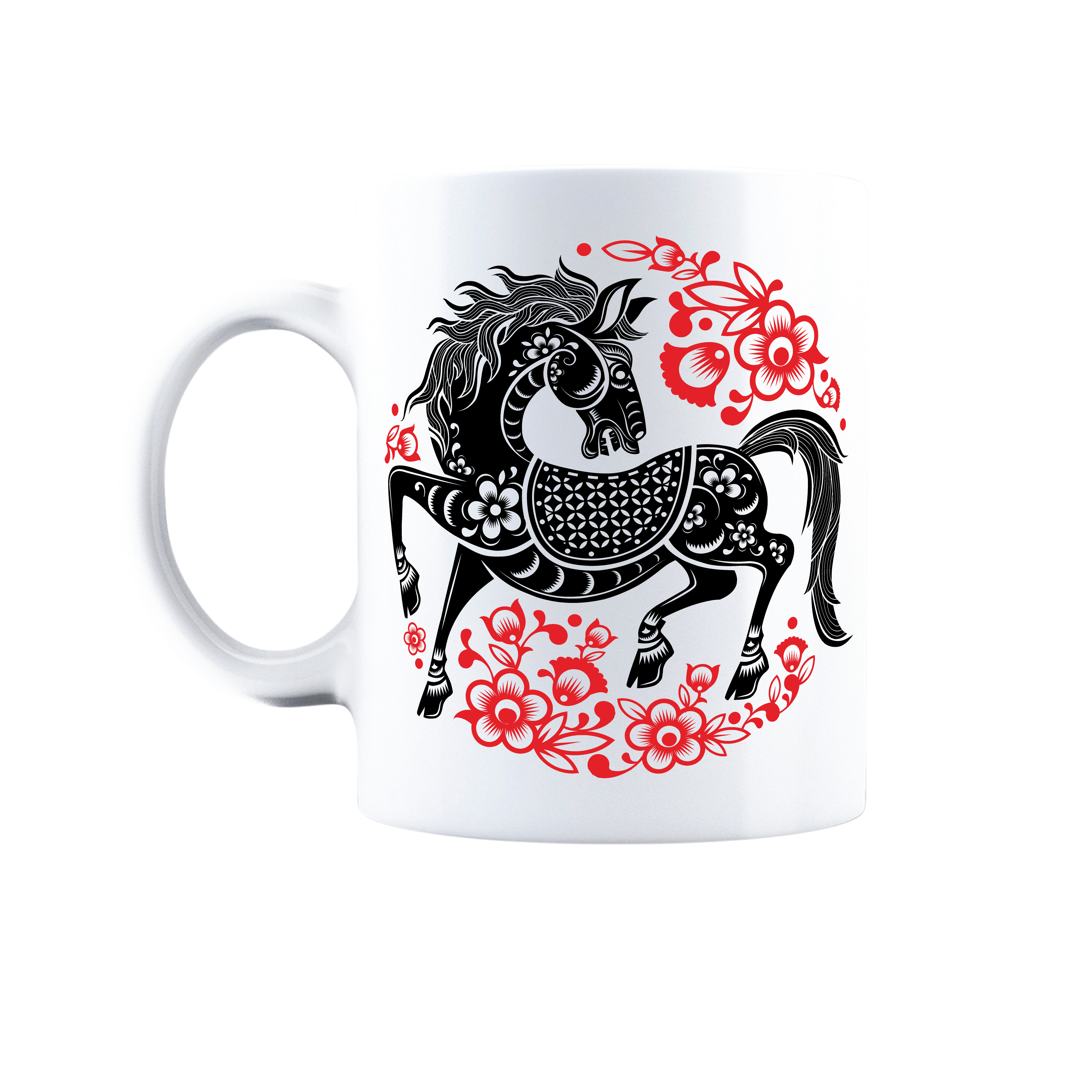 Happy Chinese New Year 2026 Coffee Mug - Year of the Horse Zodiac Gift - Lunar New Year Party Decor and Keepsake - Decorative Red Floral & Horse Art Ceramic Cup - Sitara Fashions