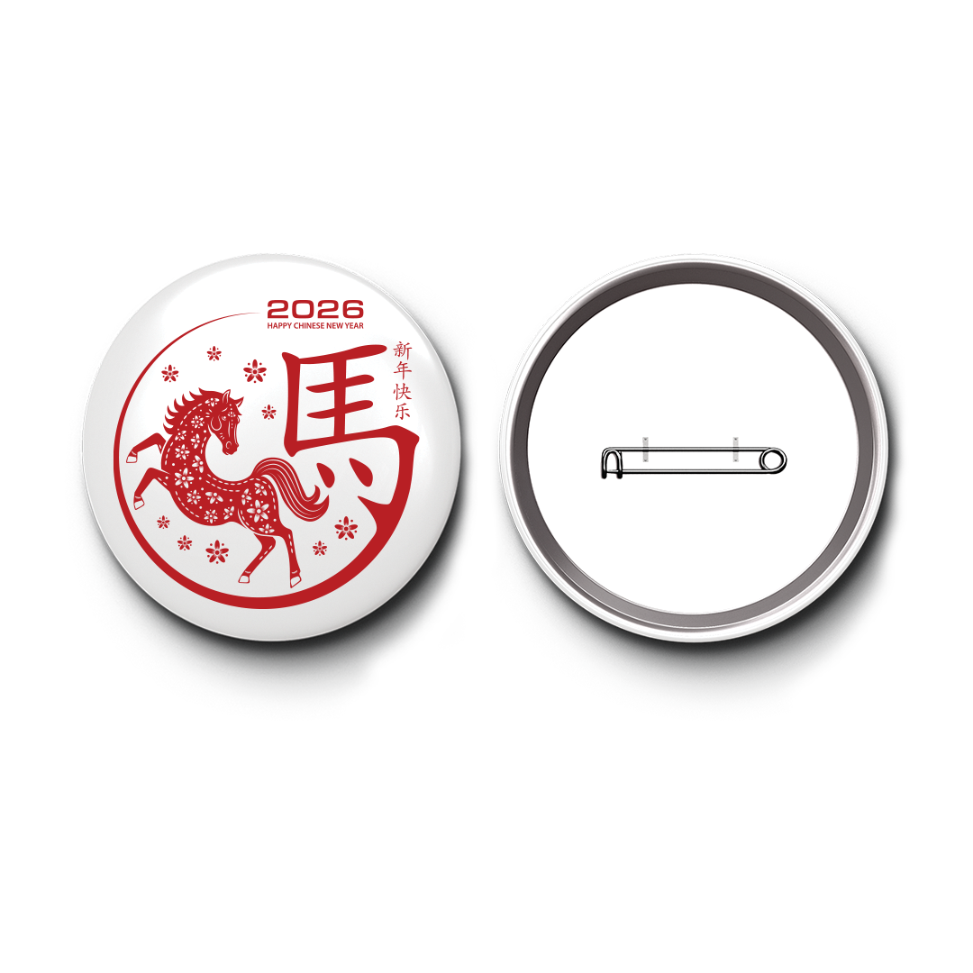 Traditional Lunar New Year 2026 Special Edition Badge – Red Horse & Calligraphy Pin-back Button - Sitara Fashions