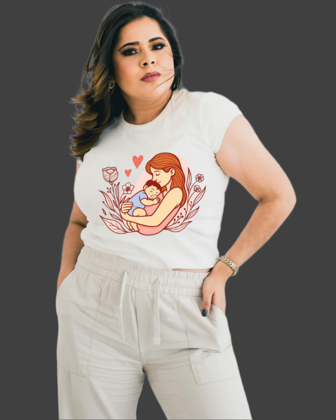 Mother and Baby Floral Design T-Shirt, 100% Cotton, Mother's Day Gift