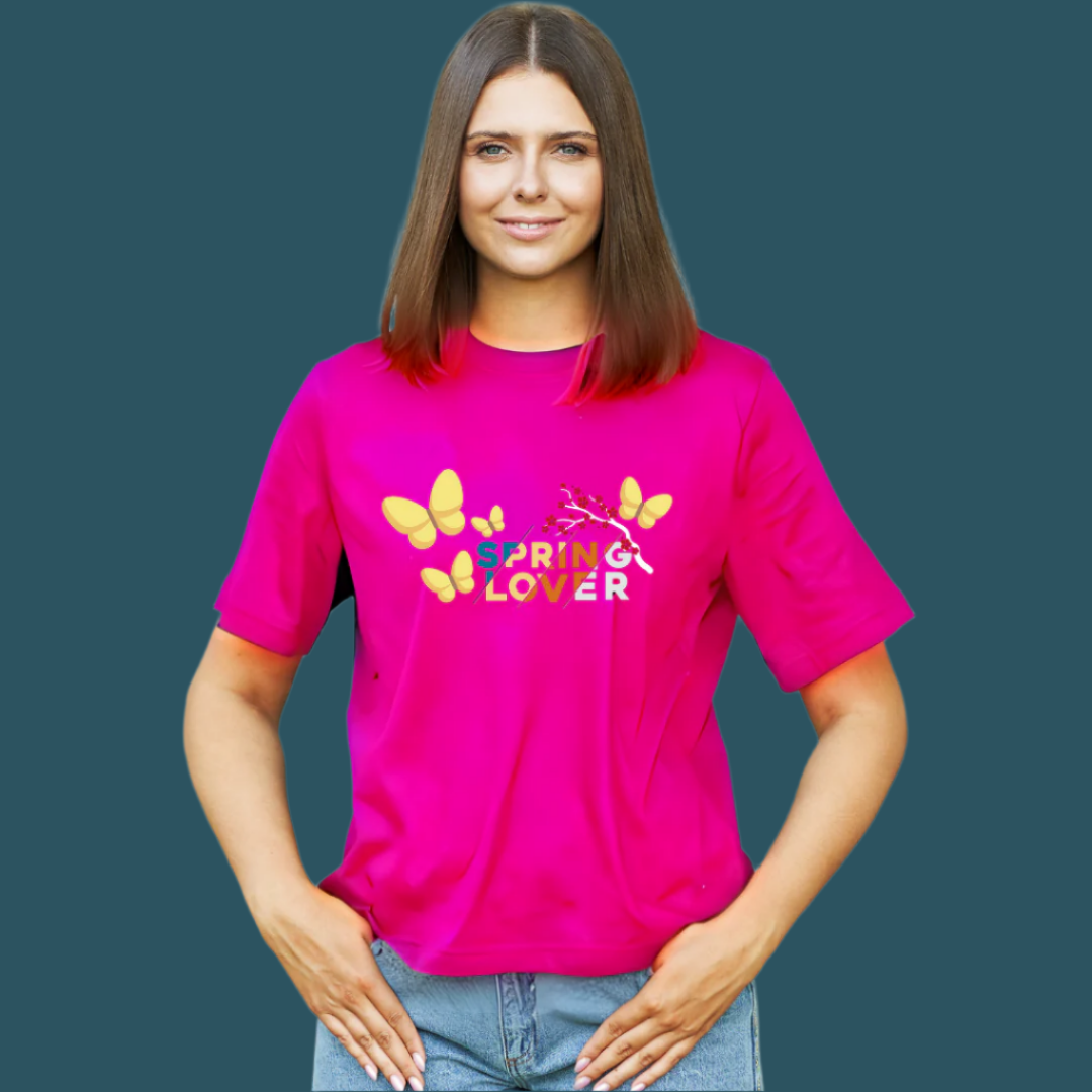 Spring Lover Graphic T-Shirt, Butterfly Design, Short Sleeve 100% Cotton, Women Tshirt