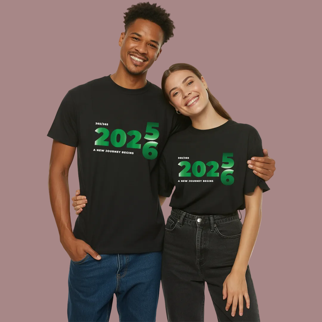 Matching Family New Year 2025 to 2026 Transition T-Shirts – 'A New Journey Begins'  Graphic Tees for Parents Kids & Rompers – Green Gradient Countdown Family Outfits