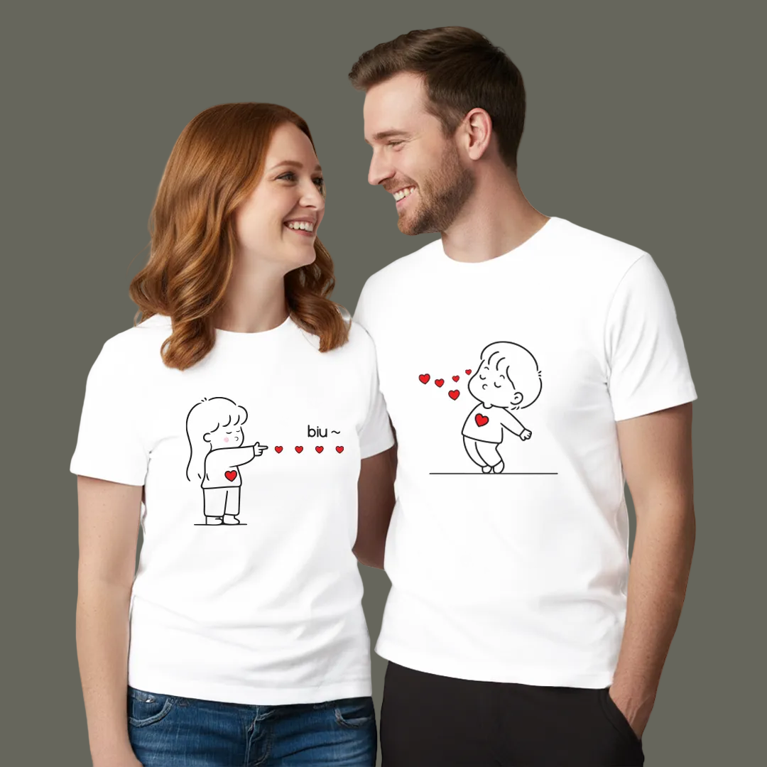 Biu~ Heart Shooting Couple Tees – Romantic White Cotton T-Shirts for Husband & Wife, Boyfriend & Girlfriend