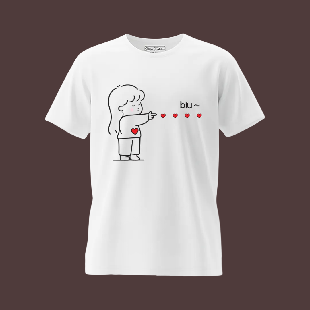 Biu~ Heart Shooting Couple Tees – Romantic White Cotton T-Shirts for Husband & Wife, Boyfriend & Girlfriend