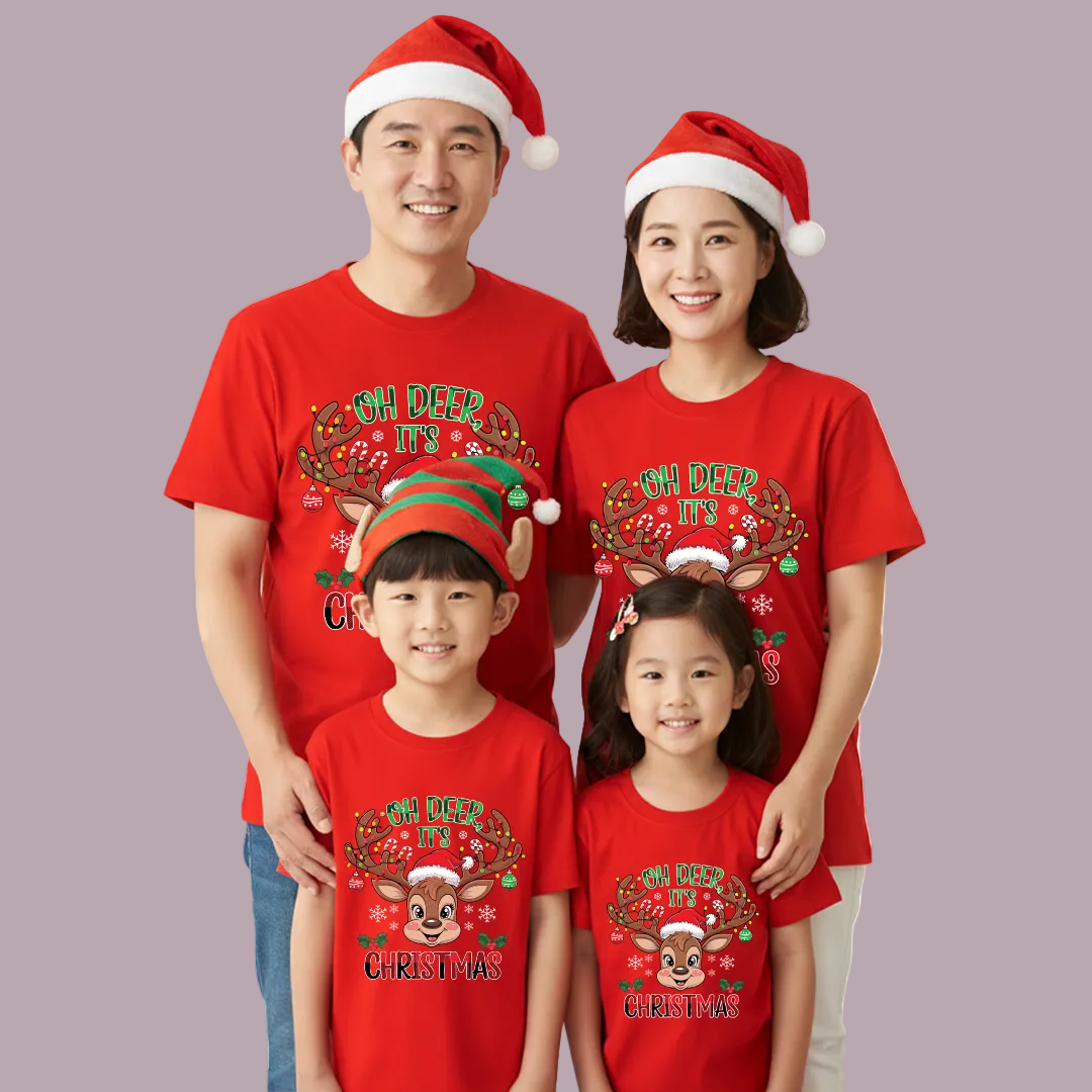 Personalized Christmas Family Outfit - Mom, Dad  Kids & Rompers Red Reindeer Graphic Tees