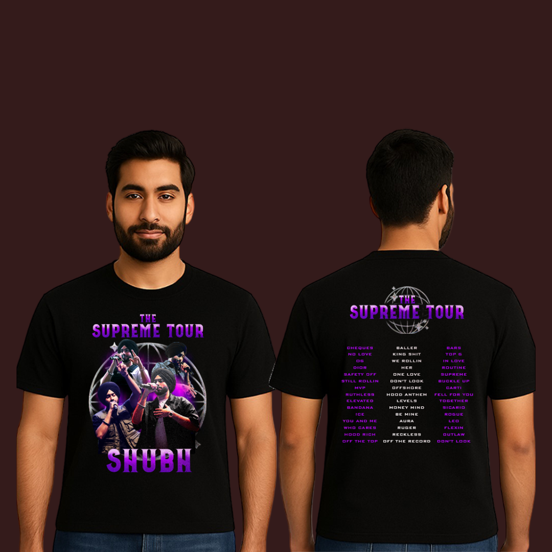 Shubh Supreme Tour T-Shirt | Punjabi Rapper Concert Tee with Tour Song List | Black Cotton Hip Hop Streetwear for Men & Fans