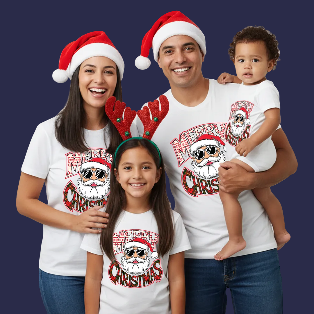 Red Matching Family Christmas T Shirts - "Merry Christmas" Cool Santa Sunglasses Design - Mom Dad Kids Baby
