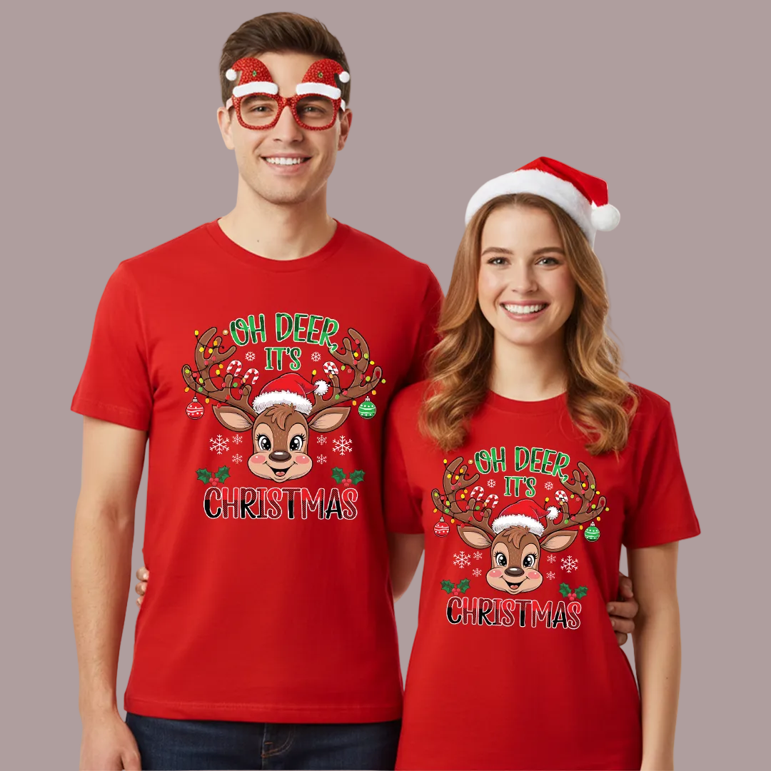 Personalized Christmas Family Outfit - Mom, Dad  Kids & Rompers Red Reindeer Graphic Tees