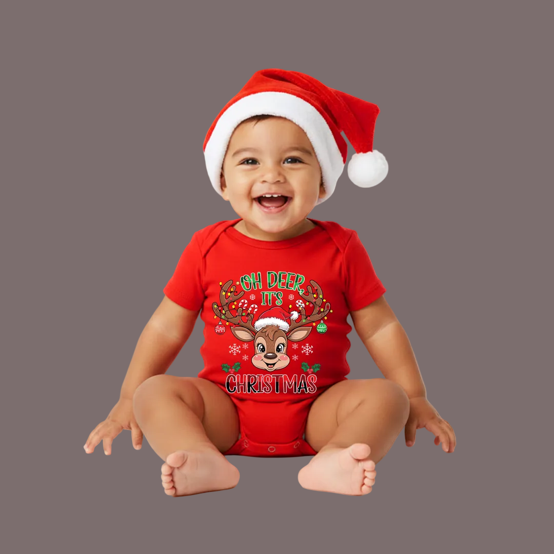 Personalized Christmas Family Outfit - Mom, Dad  Kids & Rompers Red Reindeer Graphic Tees