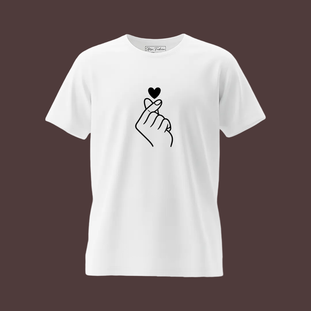 Korean Finger Heart Matching Couple T-Shirts - Valentine’s Day Gift White Cotton Tees, Minimalist Saranghae K-Pop T-Shirts