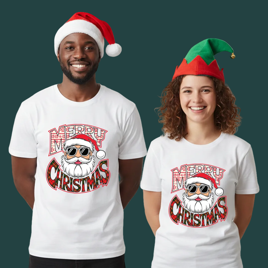 Red Matching Family Christmas T Shirts - "Merry Christmas" Cool Santa Sunglasses Design - Mom Dad Kids Baby