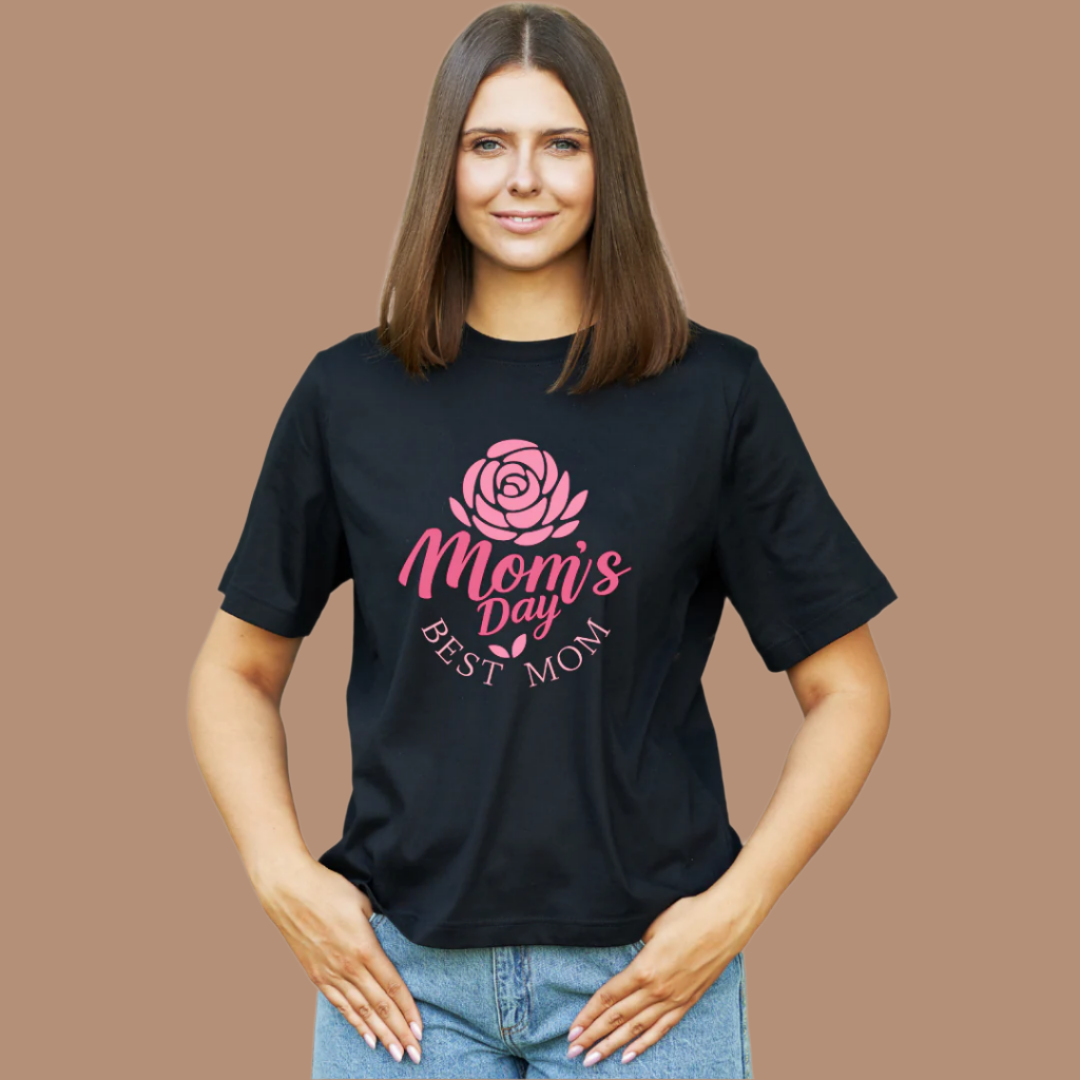 Mom's Day Best Mom T-Shirt with Pink Rose Design, Short Sleeve, Mother's Day