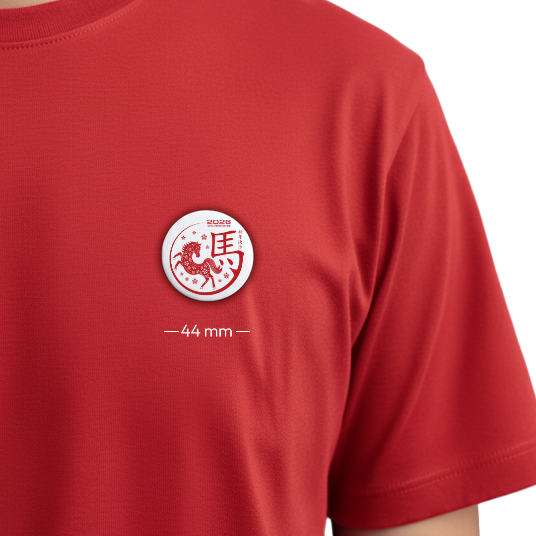 Traditional Lunar New Year 2026 Special Edition Badge – Red Horse & Calligraphy Pin-back Button - Sitara Fashions