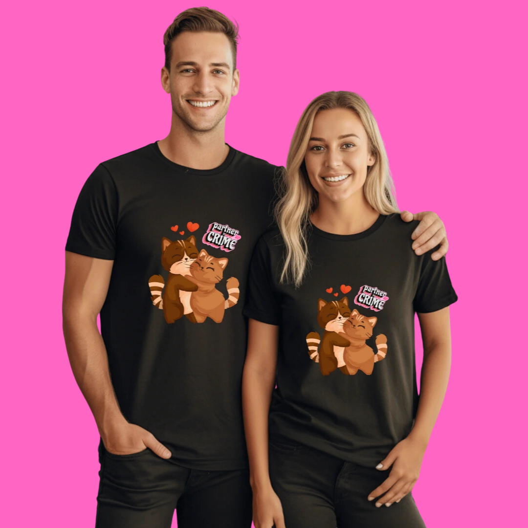 Partner in Crime Matching Couple T-Shirts, Cute Cat Design,Set of 2 PCS – Couple Tshirt for Couples
