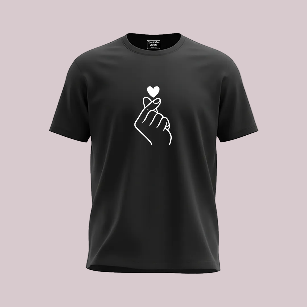 Korean Finger Heart Matching Couple T-Shirts - Valentine’s Day Gift White Cotton Tees, Minimalist Saranghae K-Pop T-Shirts